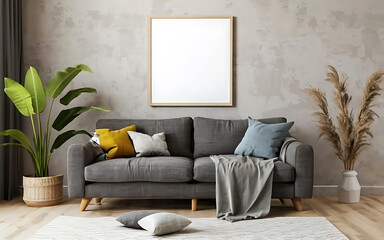 Scandinavian home interior design of modern living room. Grey sofa with blue pillows. Generative ai