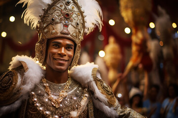 Carnival smiling king, adorned in an elaborate headdress and a stunning gown, leading the parade in Brazil