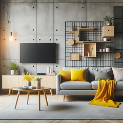 Minimalist loft home interior design of living room,Grey sofa, yellow pillows with tv. Generative ai