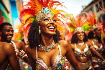 A smiling sexy woman of samba dancers in vibrant costumes Brazil during the carnival - obrazy, fototapety, plakaty