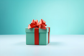 Obraz premium gift box with red ribbon and bow on green blue pastel color background, generated AI