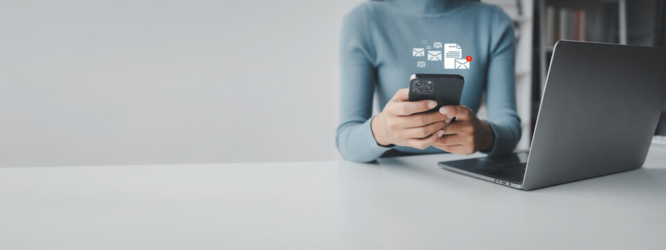 Spam email inbox notification, virus detection sent with email, warning to prevent computer virus infection, virus scanning, spam email dangerous equipment, warning symbol.