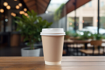 Paper cup with lid for tea Home coffee is on the table. There is space for text in the background. Generated AI