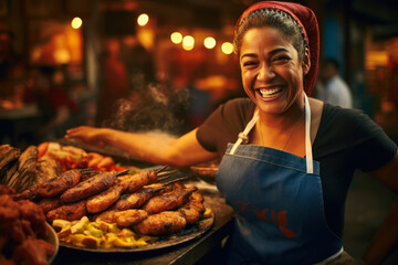 Woman selling delicious Brazilian street food like churrasco or acarajé during the carnival