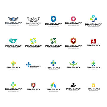Set of medical pharmacy logo, health care logo design vector. health logo collection