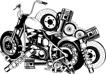 vector illustration of motorcycle in black and white outline - 688576011