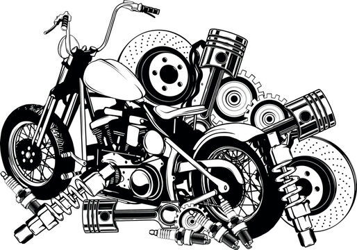 vector illustration of motorcycle in black and white outline