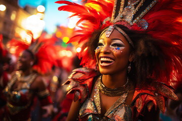 A group of samba dancers in vibrant costumes, parading down the streets of Brazil during the...