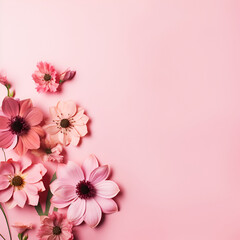 Fototapeta na wymiar Fresh pink blossoms on light pink background. Pastel color. Generated AI
