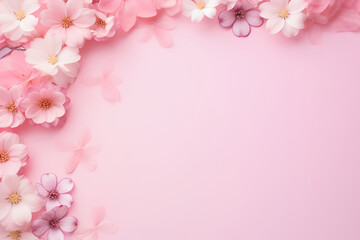 Fototapeta premium Fresh pink blossoms on light pink background. Pastel color. Generated AI