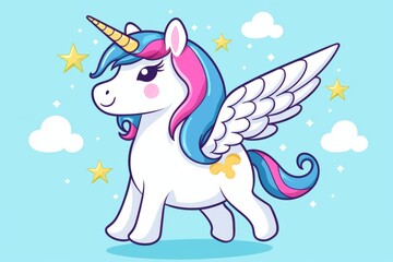 Simple and rounded lines cartoon illustration. Cute unicorn is flying on blue background