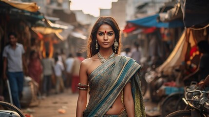 AI-generated illustration of A woman wearing traditional Indian clothing standing in an alleyway