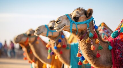 Camels with traditional dresses, close up. Camels, Camelus dromedarius, are desert animals who carry tourists on their backs