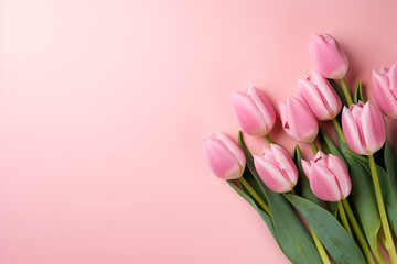 pink tulips flowers on pink background. Copy space. Generated AI