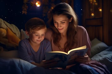 Mother with kids reading book in the bed at night