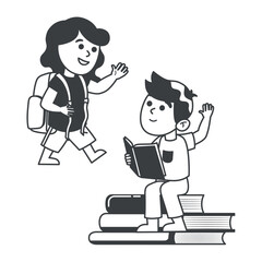 Element of Back to school themed set in black line design. This image of children with backpacks perfectly represents the school theme and the anticipation of new academic year. Vector illustration.