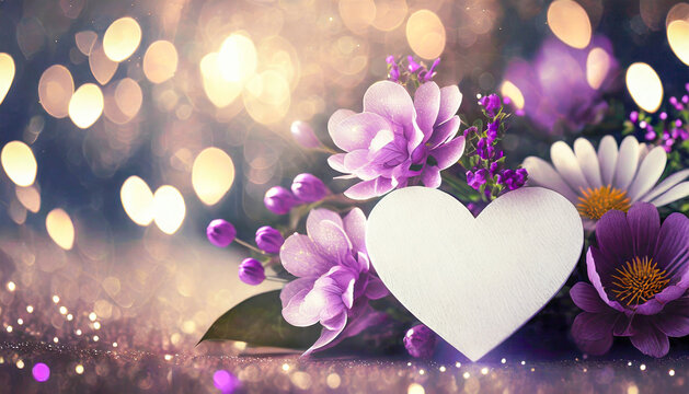 Valentine's day card with purple flowers and a white heart shaped frame