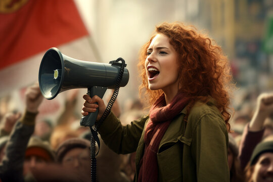 A woman holding a megaphone in front of a crowd. Women's day concept. Generative AI