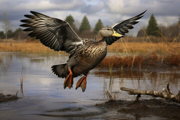 Mallard duck in flight over lake