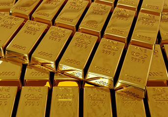 Close-up stack of gold bullion bars concept of financial wealth and reserve. Precious metal investment as a store of value. Image 3D rendering.