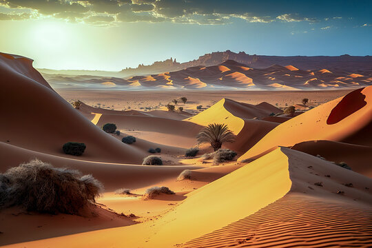 A desert landscape with orange sand dunes, scattered shrubs, a central palm tree, and a bright yellow sunrise against a light blue sky, ai generative