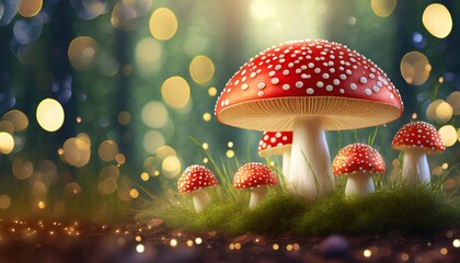 3d render of fly agaric mushroom in a forest with bokeh lights 3d illustration of abstract background with bokeh lights and mushrooms ai generated - obrazy, fototapety, plakaty