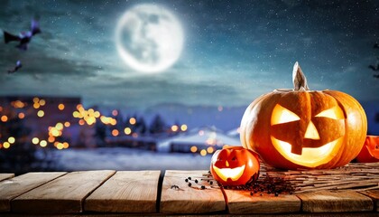 jack or lantern on table in spooky night halloween with full moon