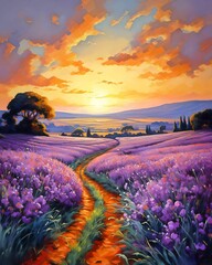 AI generated illustration of a painting of a lavender field at sunset with fluffy clouds