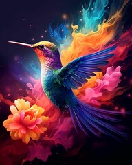 Obraz premium AI generated illustration of a hummingbird in flight with a colorful background