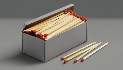 3d illustration of matchbox with matchsticks on grey background