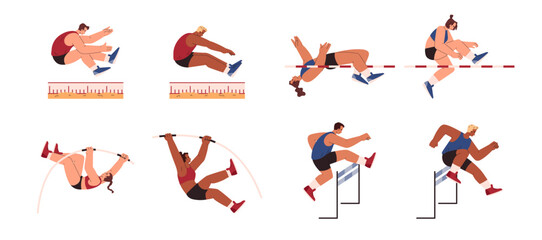 Light athletics vector isolated set, cartoon sports men and women participate in high long jump, steeplechase pole vault - obrazy, fototapety, plakaty