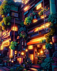 AI generated illustration of a vibrant street scene showing a street filled with colorful buildings