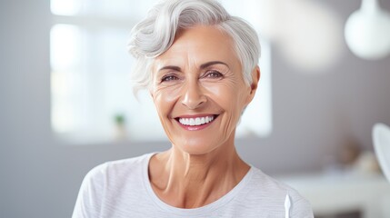 An elderly woman at the dental clinic smiles a smile with white, straight teeth. An appointment with a dentist - obrazy, fototapety, plakaty