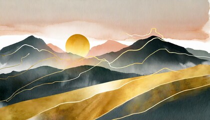 fundo abstrato da paisagem da natureza papel de parede em design de estilo minimalista com colinas de montanha por do sol nascer do sol aquarela linhas de ouro para impressoes interiores arte