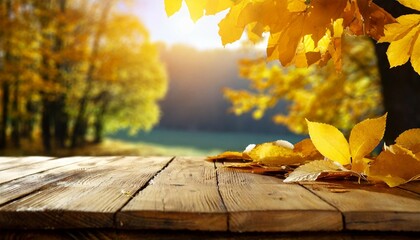 Naklejka na ściany i meble autumn yellow leaves on a wooden table against the background of a blurred image of an autumn landscape on a sunny day