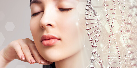 Sensual young woman near glass DNA stems.
