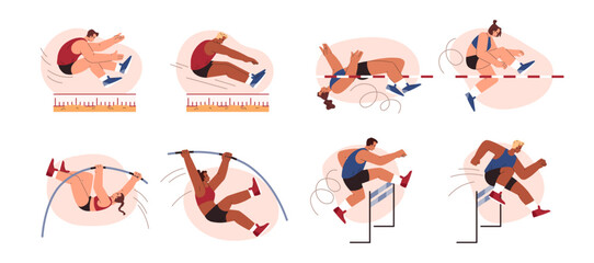 Light athletics vector isolated set, cartoon sports men and women engaged in high and long jump, steeplechase pole vault