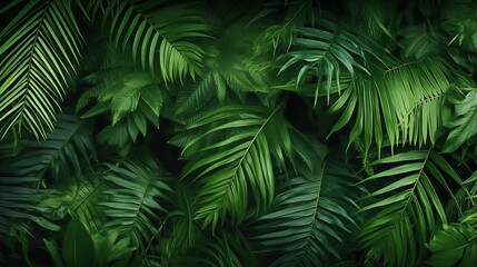 Fern Green leaves background. Green tropical fern leaves, monstera leaves, palm leaves, coconut leaf, fern, palm leaf, banana leaf. Panoramic jungle background. 