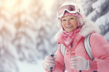 A  elderly woman is skiing in a winter forest. Active winter recreation in old age. 