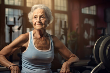 Fototapeta na wymiar An elderly fit woman in the gym. 