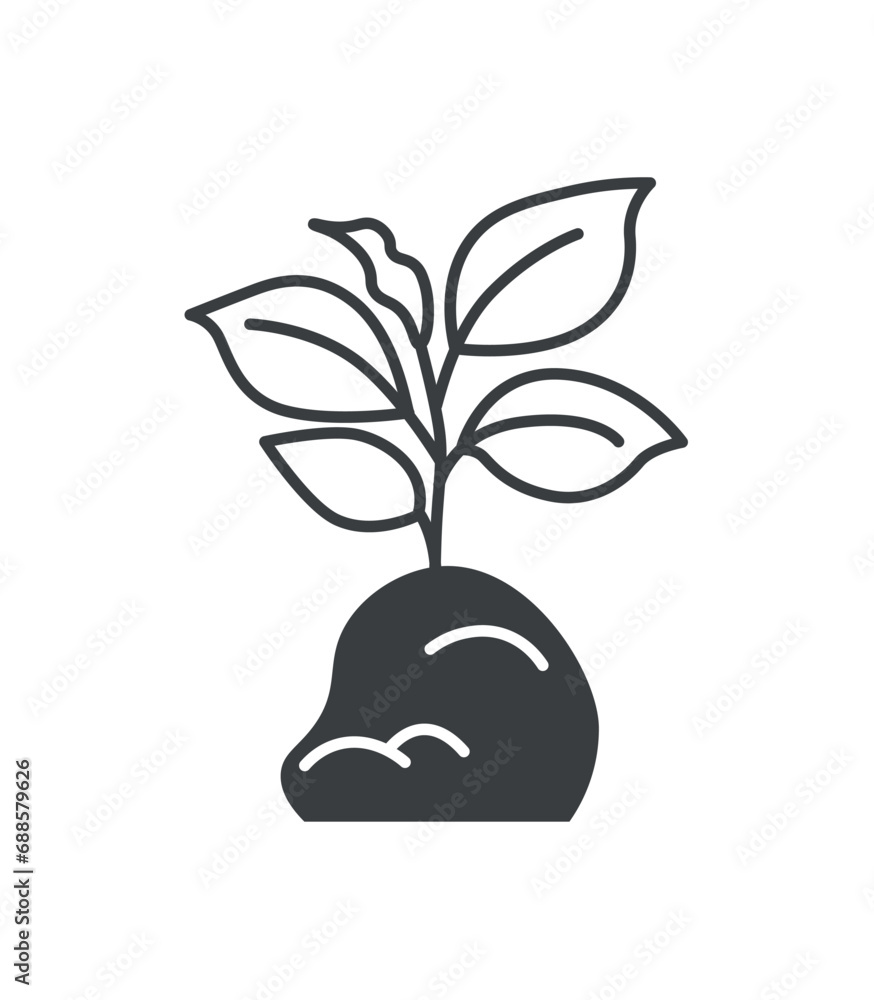 Poster element of save the planet themed set in black line design. depiction of a small seedling symbolize 