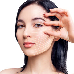Graphic lines shows facial lifting effect on skin of beautiful woman.