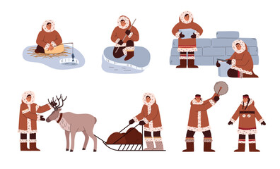 Culture and life at the north pole vector set, people in traditional Eskimos clothing, igloo, fishing, reindeer sleigh