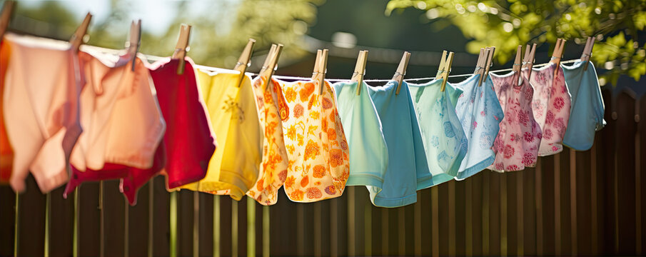 clothes laundry hanging on the clothesline in the summer garden.