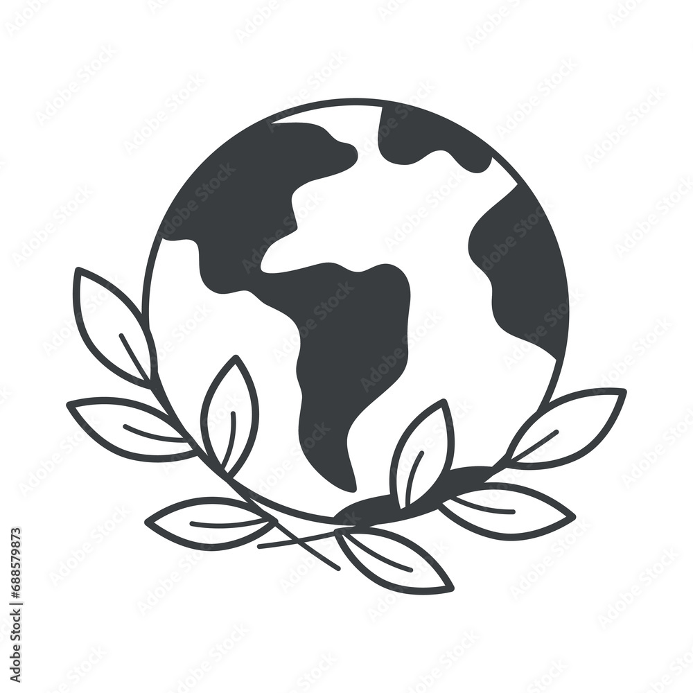 Poster element of save the planet themed set in black line design. a planet wrapped in greenery is a symbol