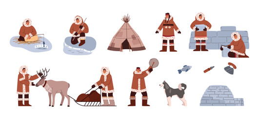 Characters of Arctic Eskimos people flat vector illustration isolated.