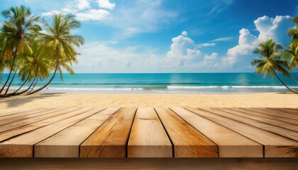 top of wood table with blurred sea and blue sky background empty ready for your product display montage concept of beach in summer