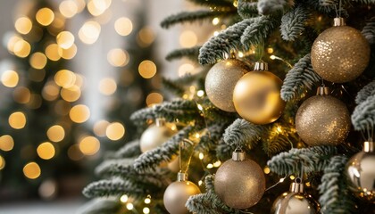close up view of beautiful fir branches with shiny golden bauble or ball xmas ornaments and lights christmas holidays background copy space decoration on christmas tree festive new 2023 year