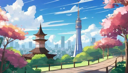Fotobehang anime style city and tower view background © Claudio