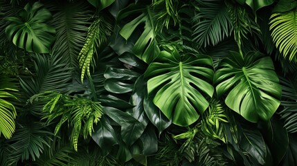 Green leaves background. Green tropical monstera leaves, palm leaves, coconut leaf, fern, palm leaf, banana leaf. Panoramic background